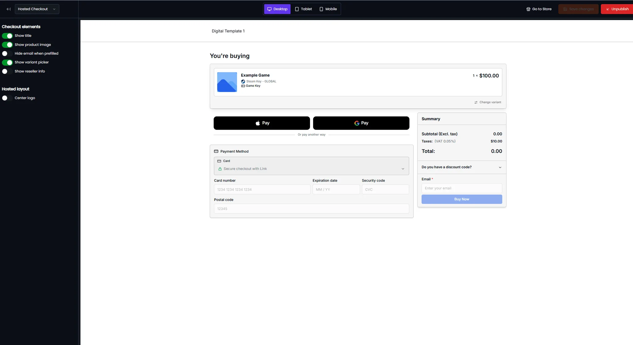 The Fungies checkout builder showing logo, colour, font and background controls applied to a branded checkout.