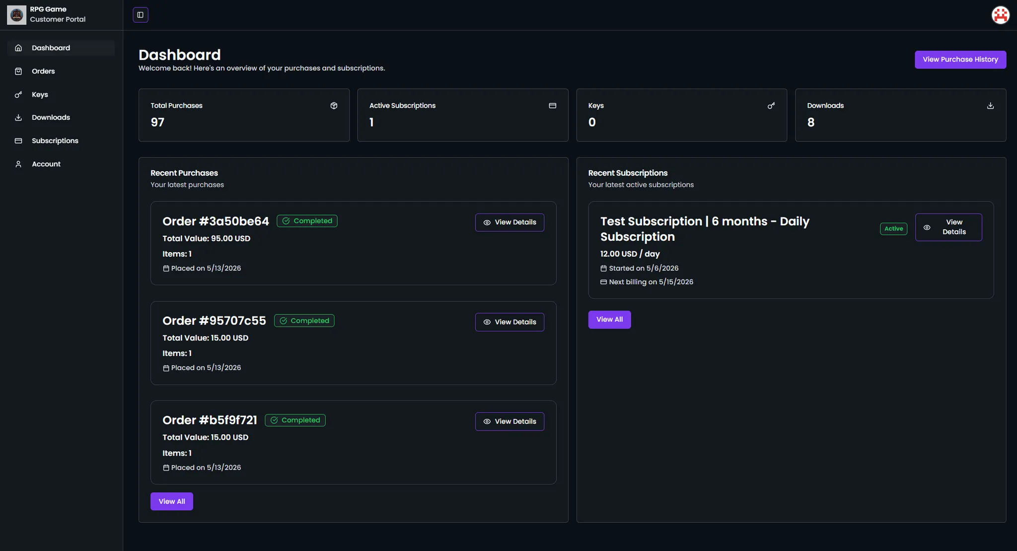 The branded customer portal listing a buyer's downloads and receipts.