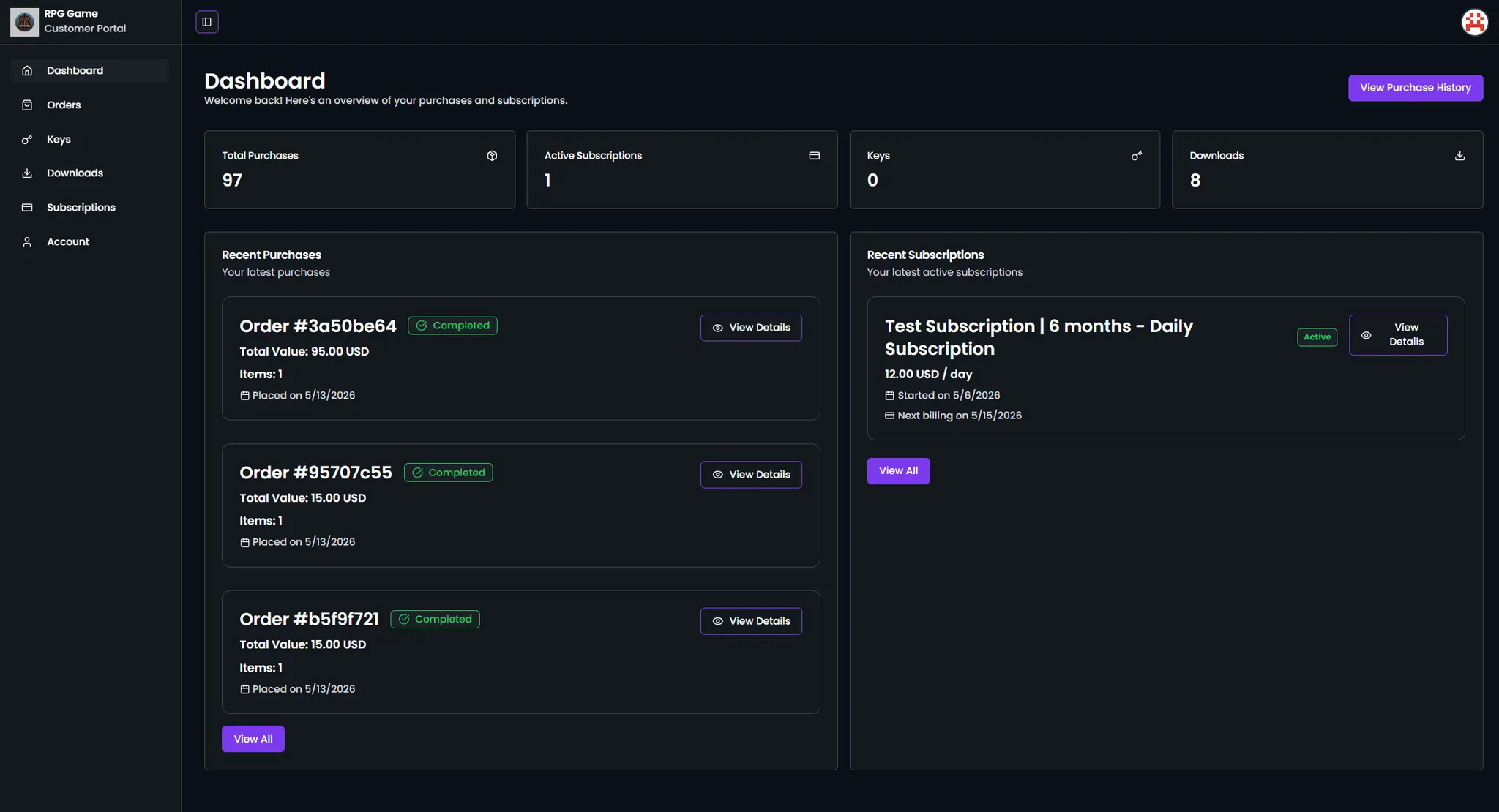 The branded customer portal listing a buyer's purchased items, their downloads and their receipts.