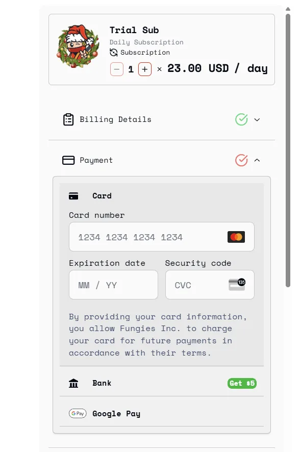 A Fungies checkout embedded inline in a software product, showing a subscription plan, billing fields and payment options.