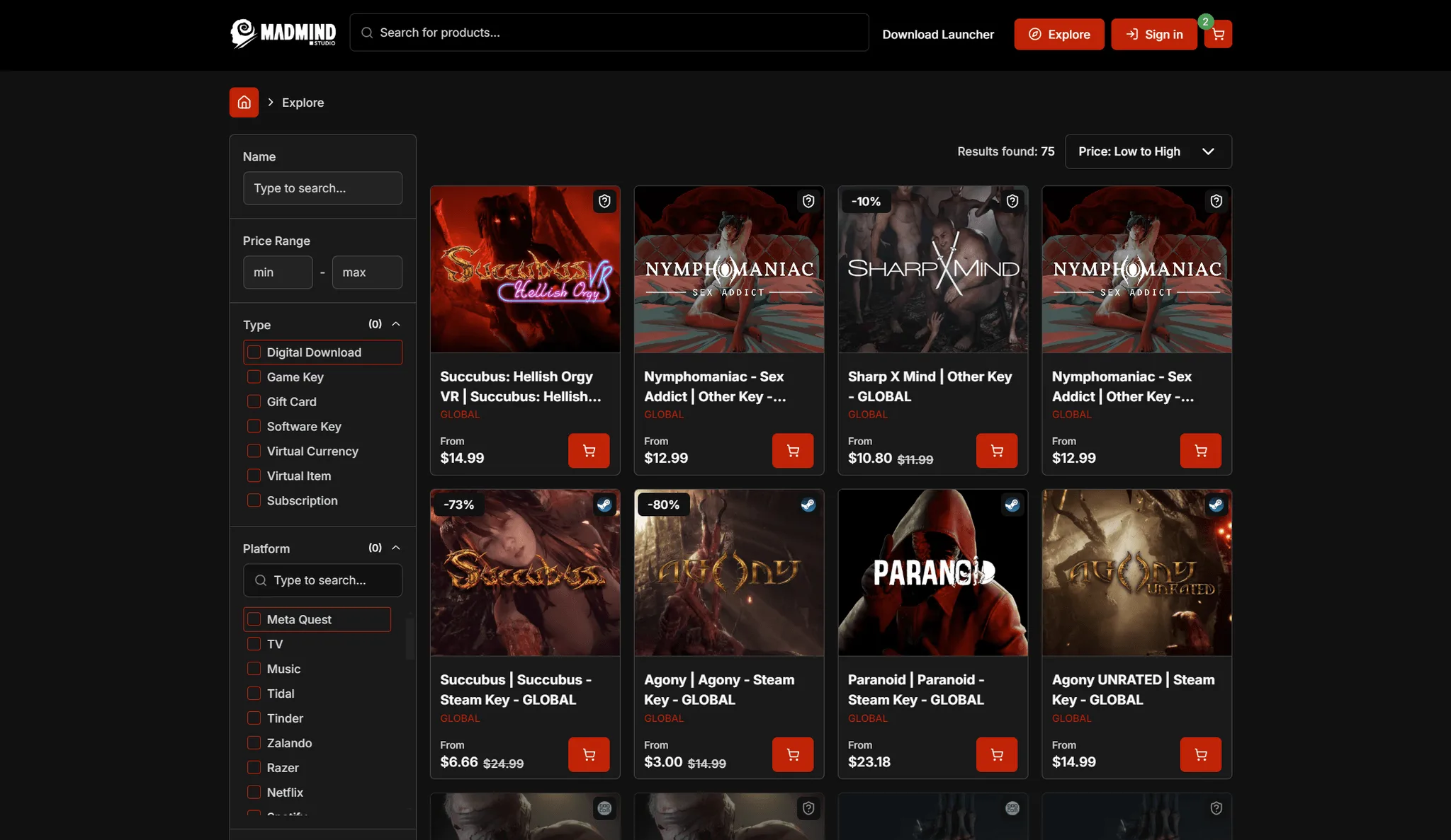 Players can search the catalogue.