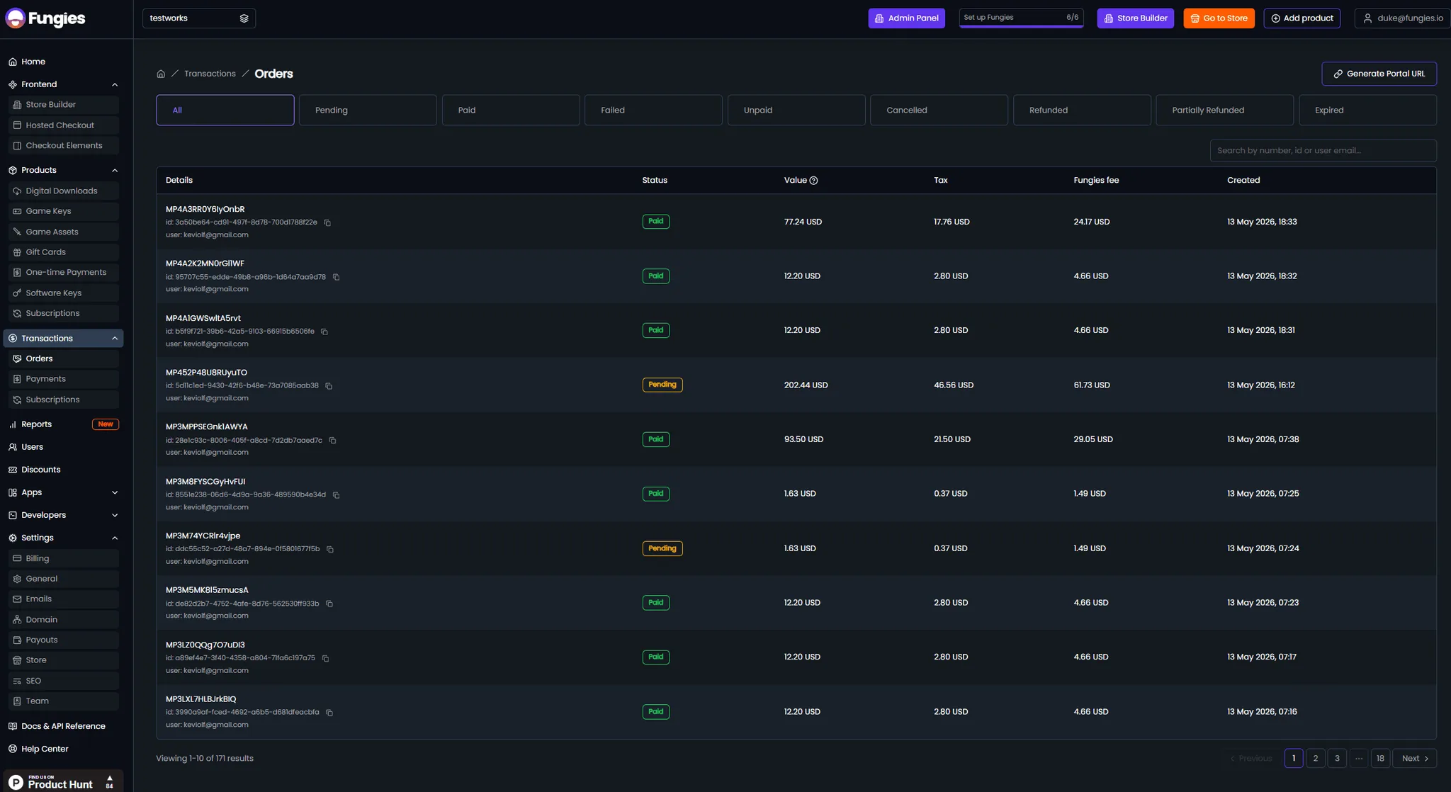The orders screen listing recent purchases and their status.