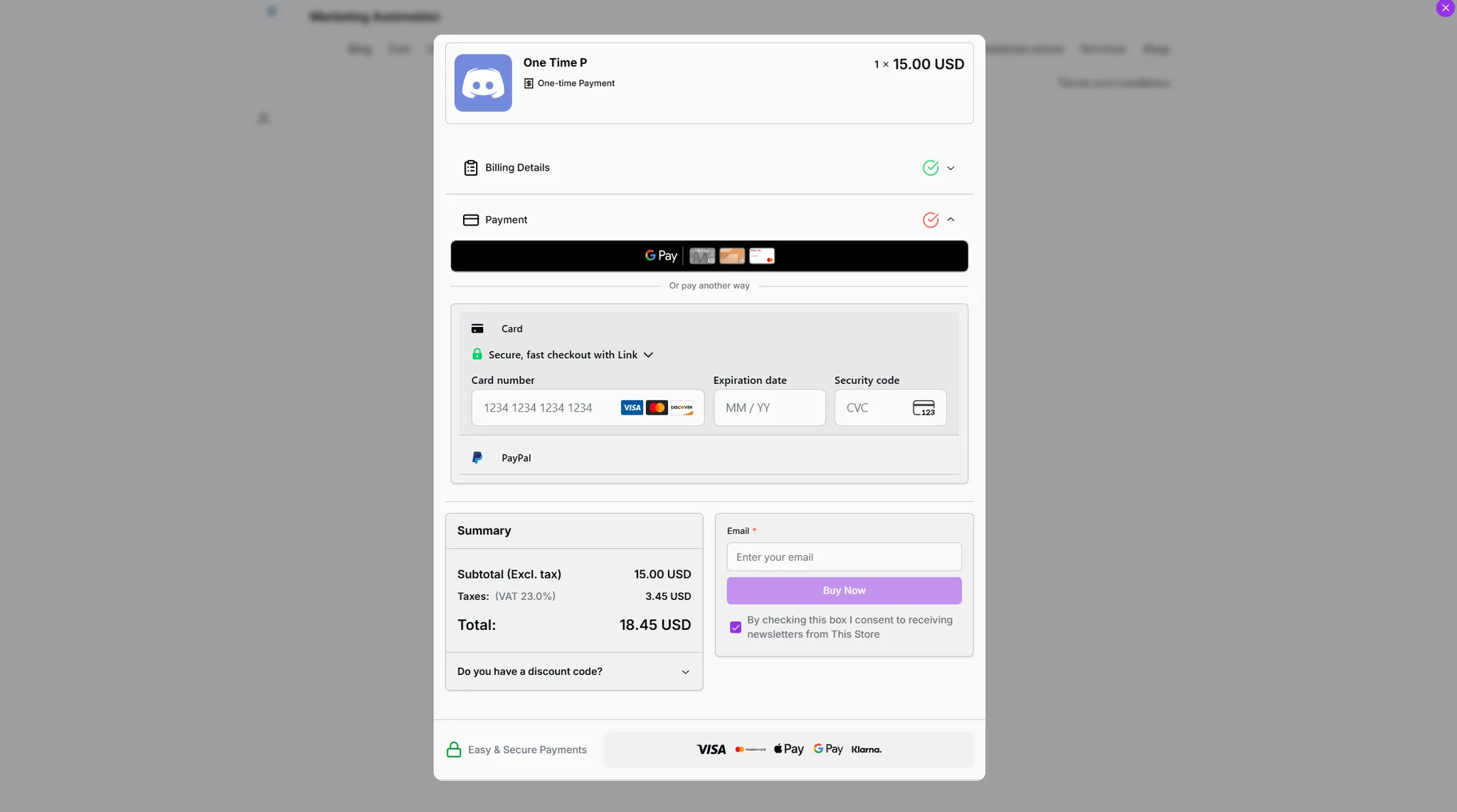 A Fungies checkout showing Google Pay, card, and PayPal payment options with a tax-inclusive summary.