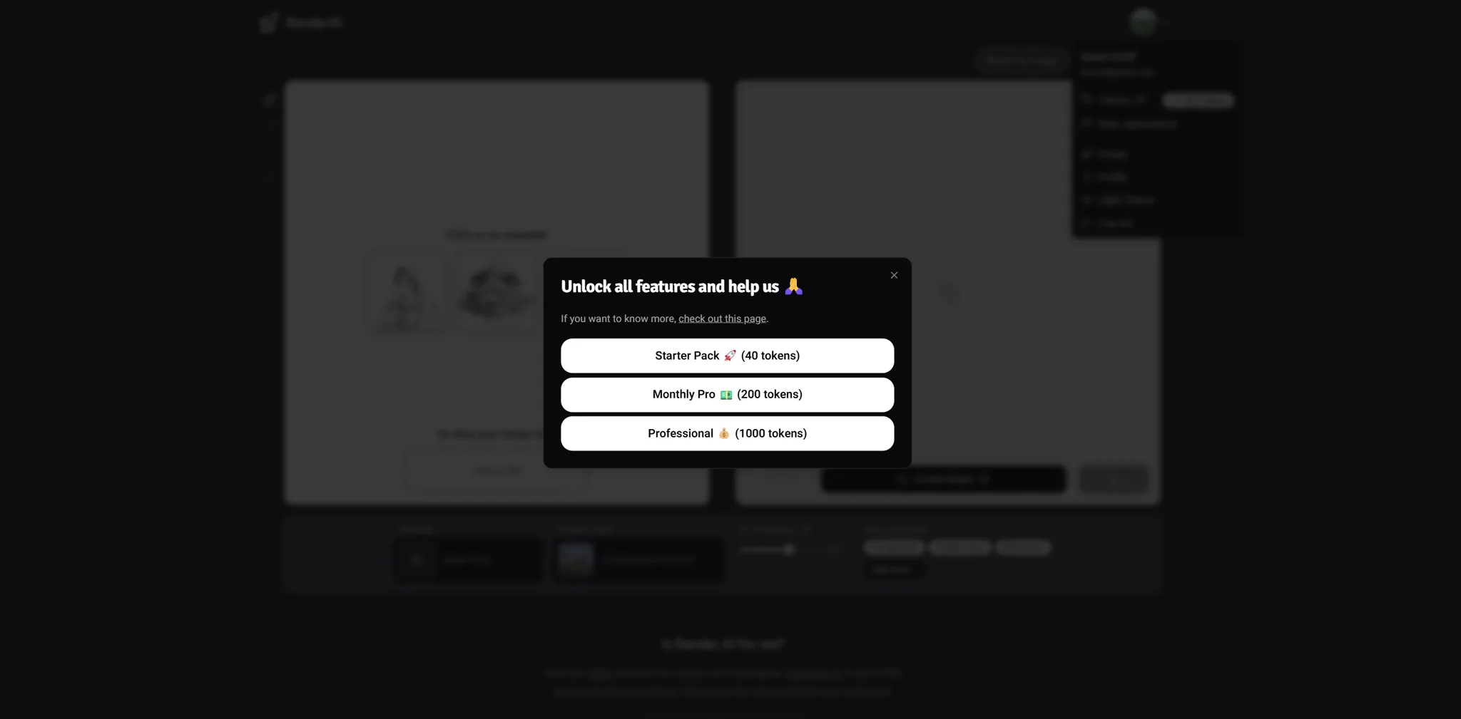 RenderAI's in-app plan picker, offering the token packs customers buy.
