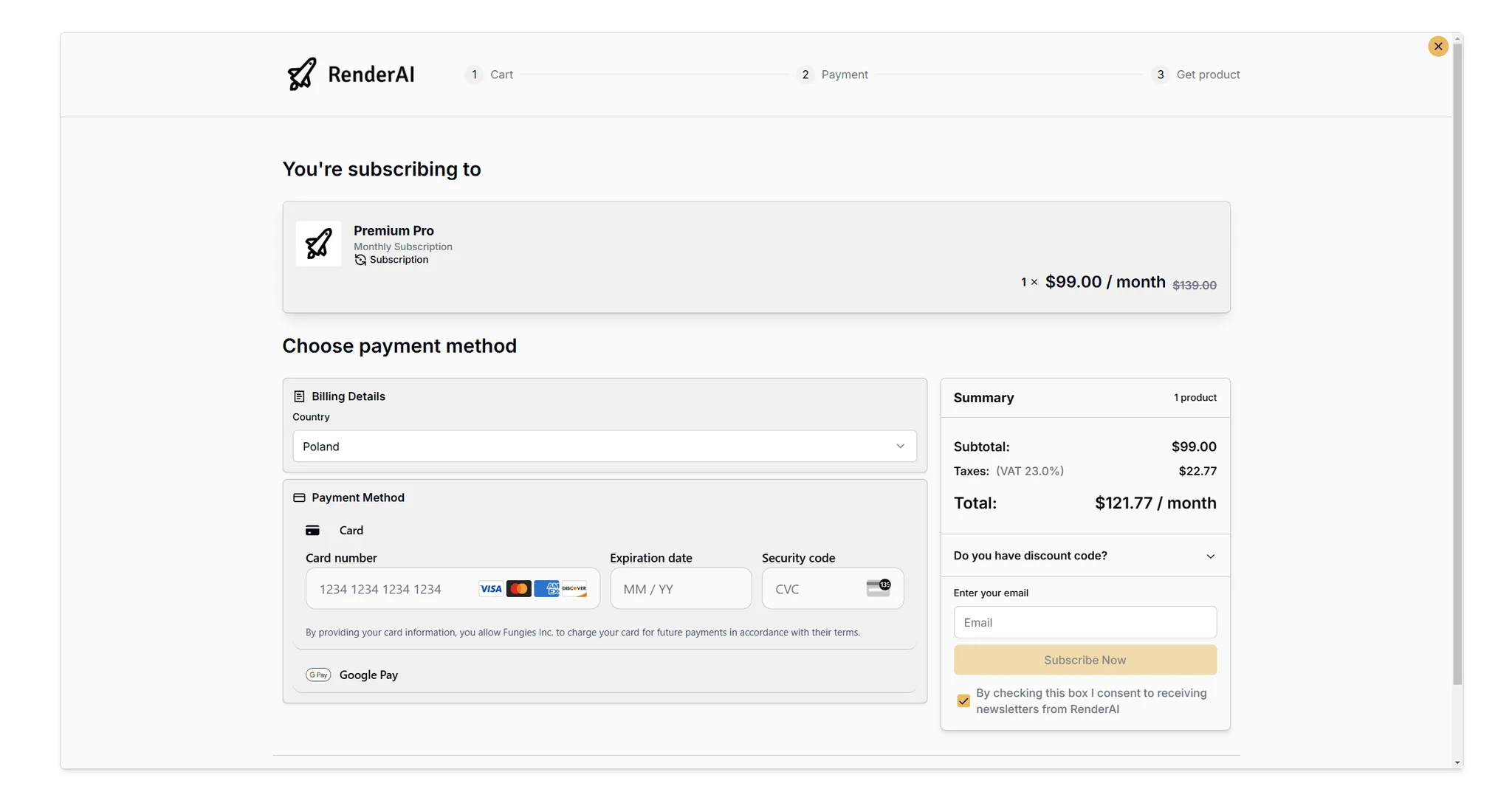 The overlay checkout, branded as RenderAI and showing VAT in the total.