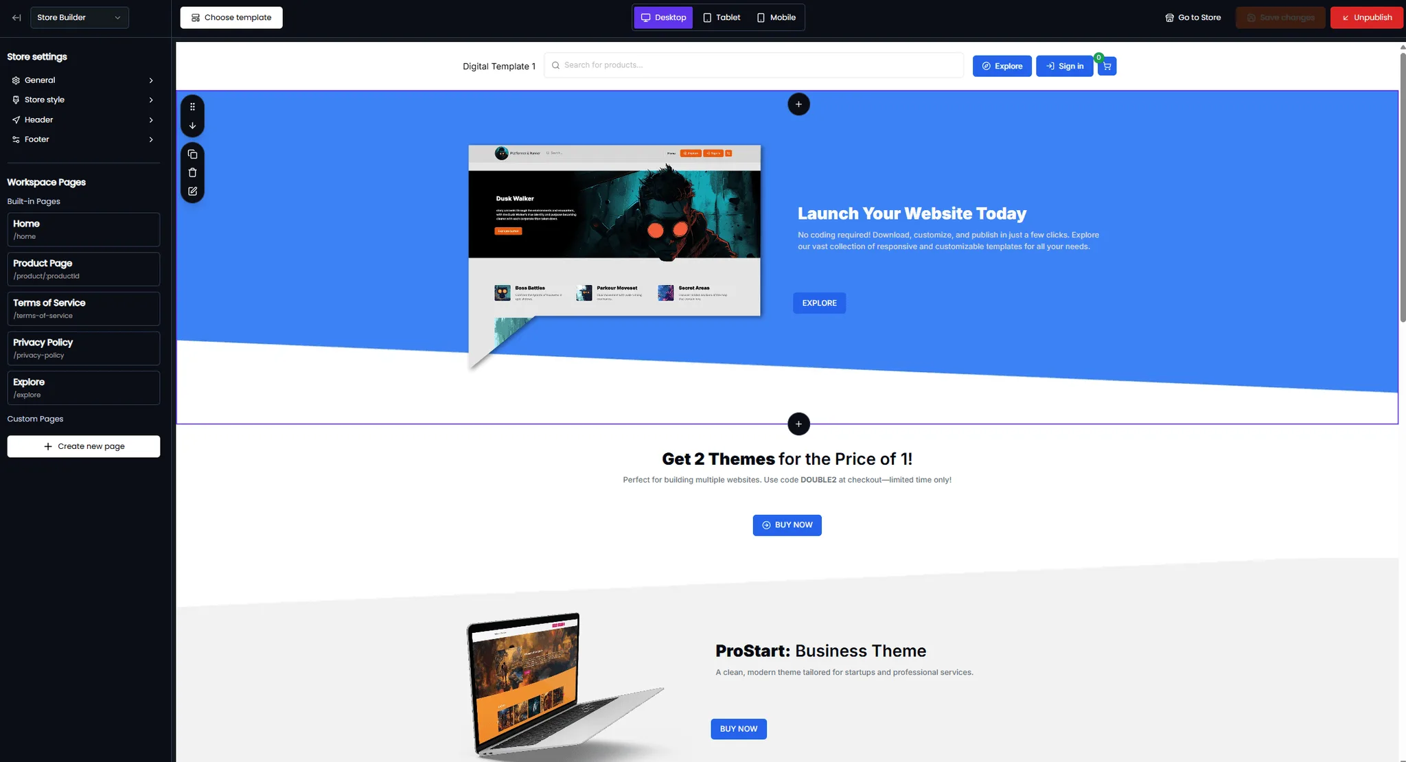 The Fungies store builder editing a storefront, with products, branding and a custom domain.
