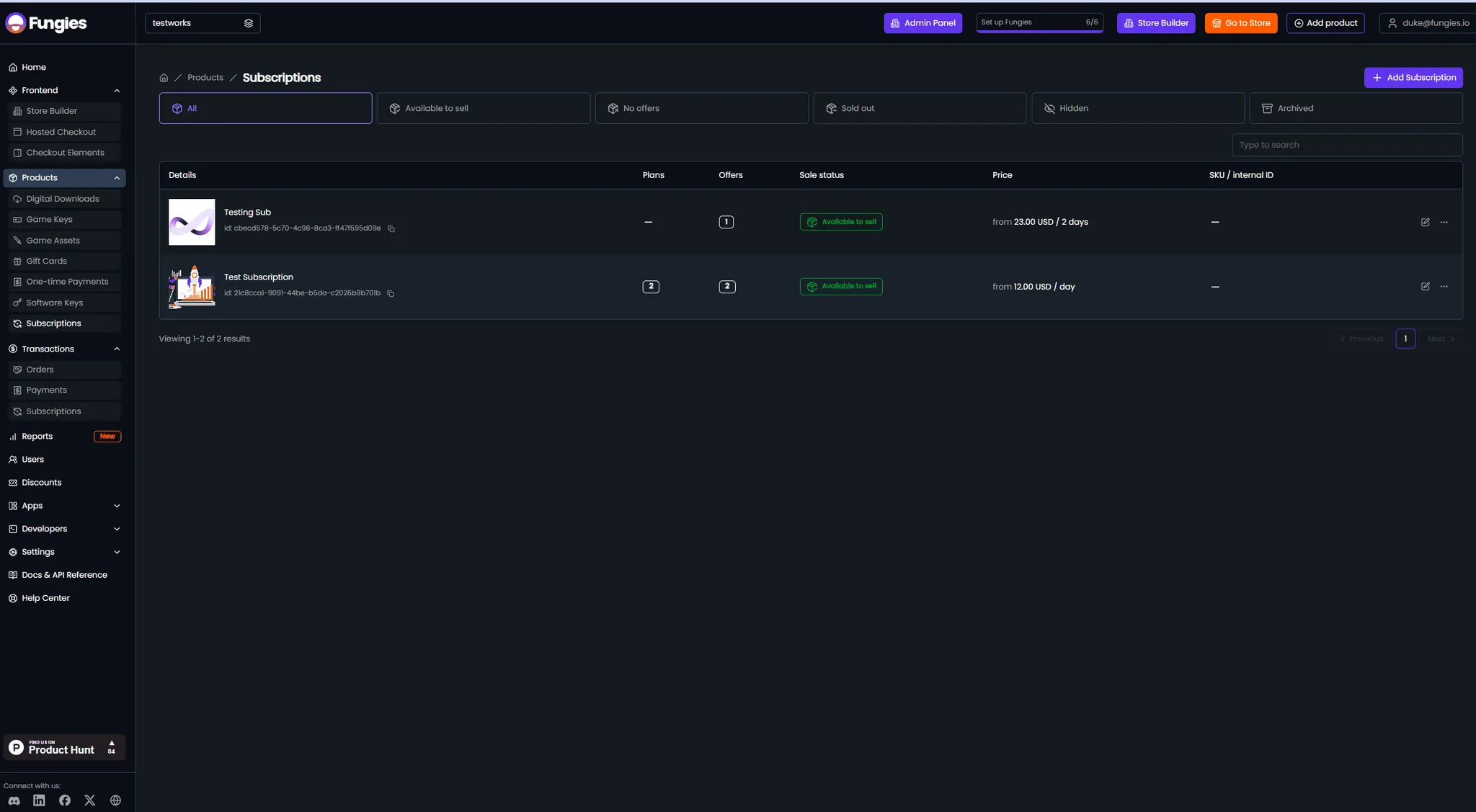 The subscriptions screen listing recurring plans and their billing intervals.