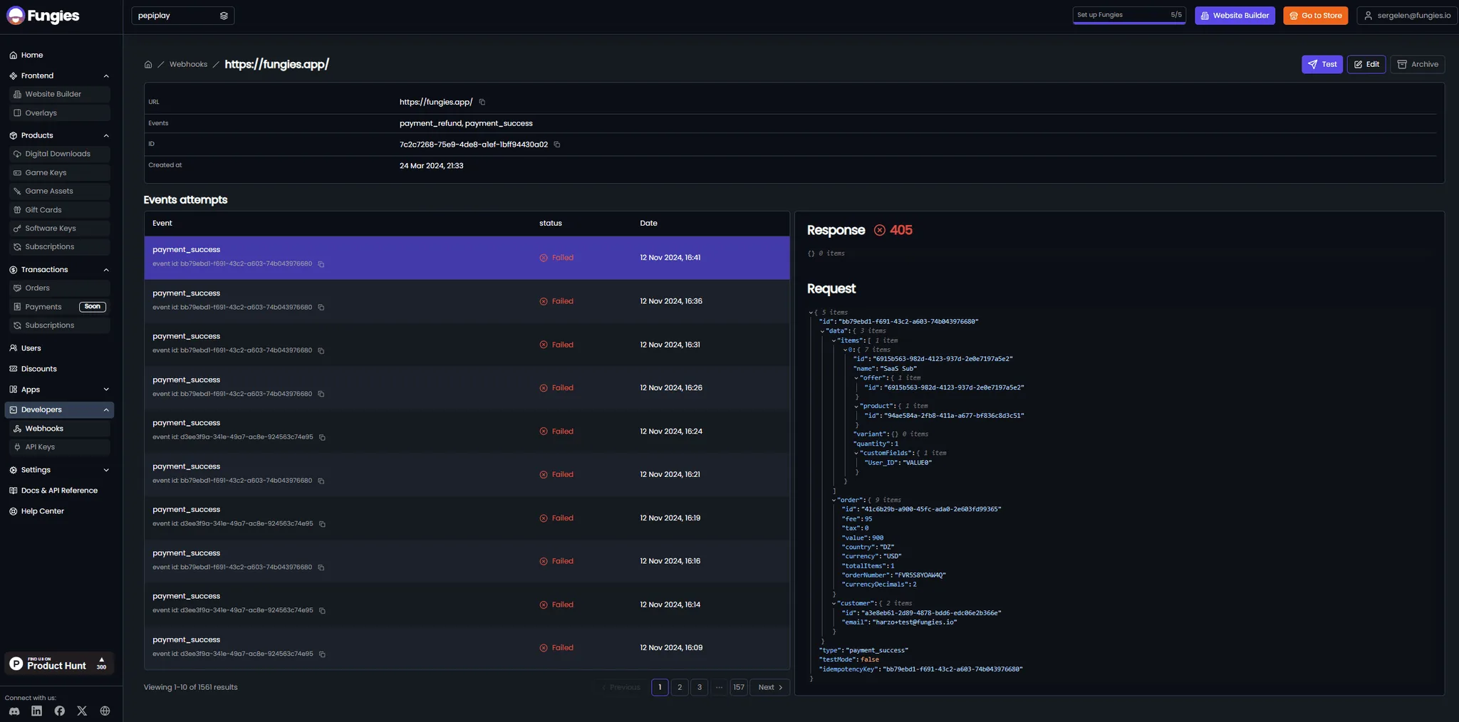 Webhooks, configured from the dashboard.