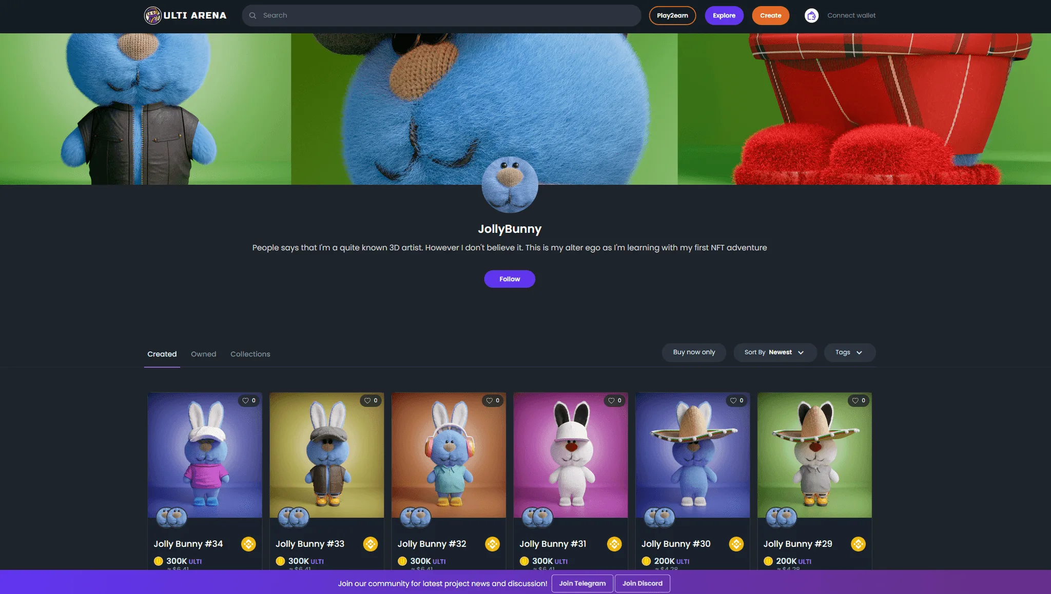 A creator's profile, with the assets they have minted for sale.