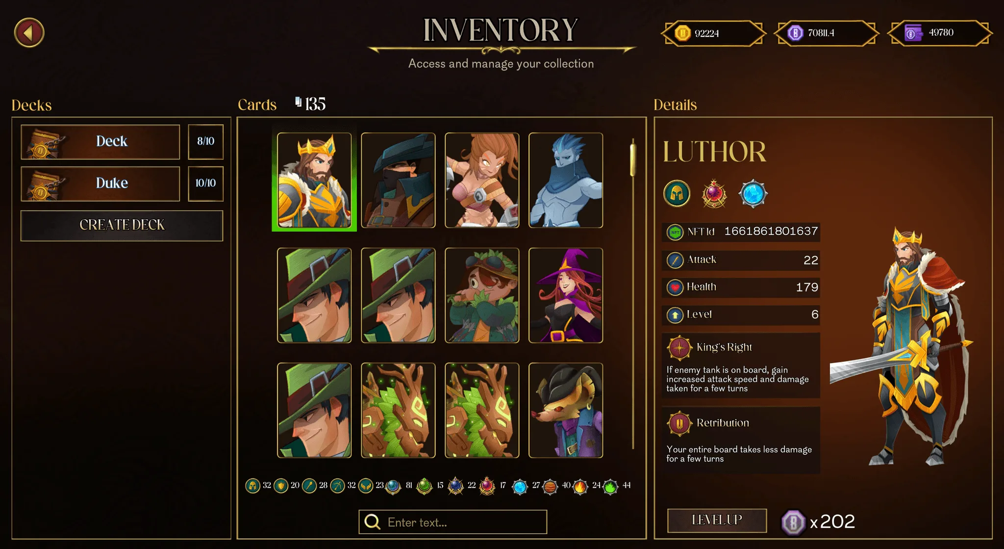 The inventory, where cards are collected into decks and each card carries its own token ID.