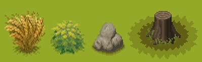 Grass, Shrub, Rock and Stump