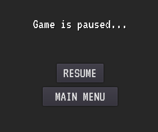 Pause Menu
(Consisted of Pause Hint (Label) and two Buttons: Resume and Main Menu)
