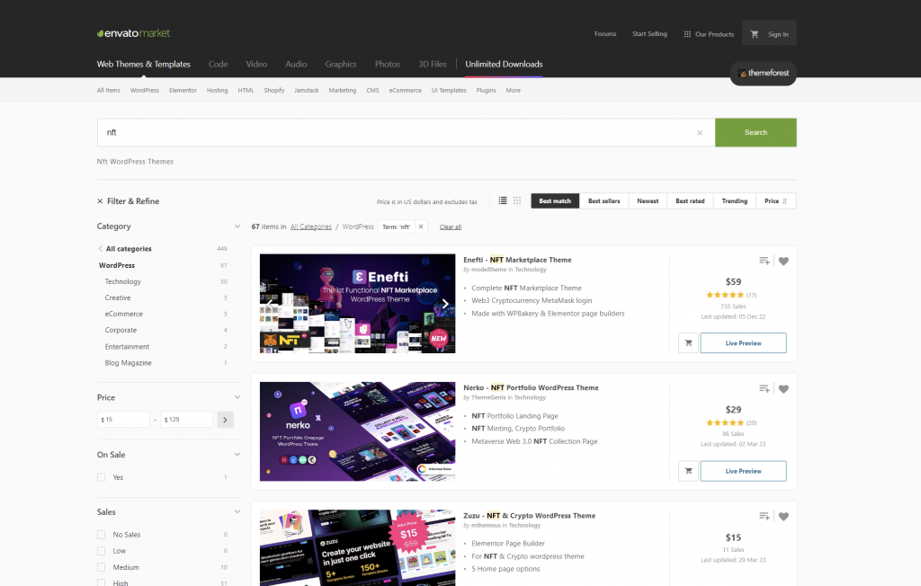ThemeForest offers a wide variety of WordPress NFT themes