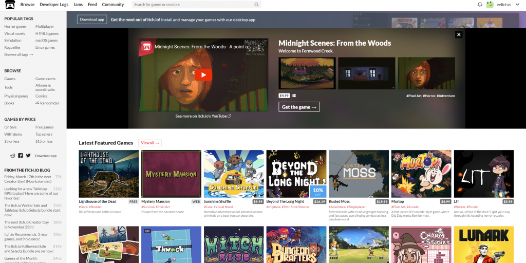 Itch.io allows to have your own game's profile and is a central place for all things indie