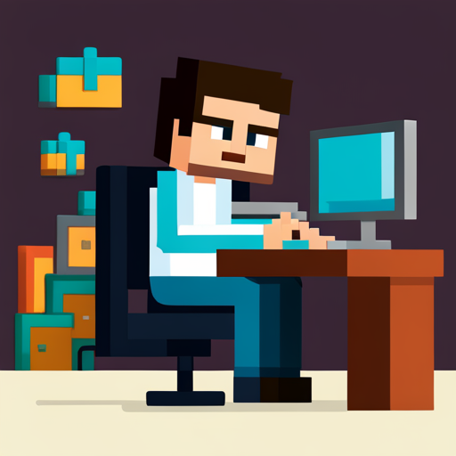 A Minecraft styled image showing a game developer at his desk