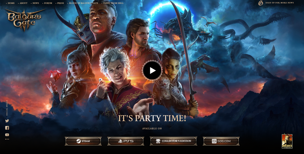 Screenshot from the Baldur's Gate website - the entire site looks like a game