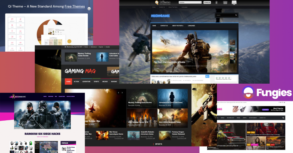 A collage of different free gaming WordPress templates that can serve as a game studio website template