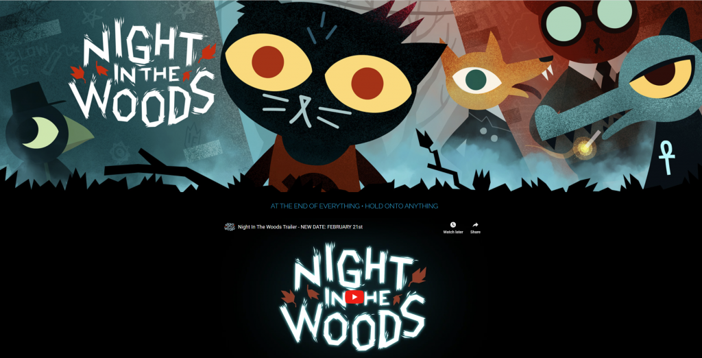 A screenshot of Night in the Woods single page website above the fold section