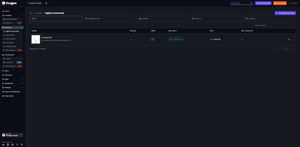 Creating digital downloads or products in the Fungies.io Dashboard