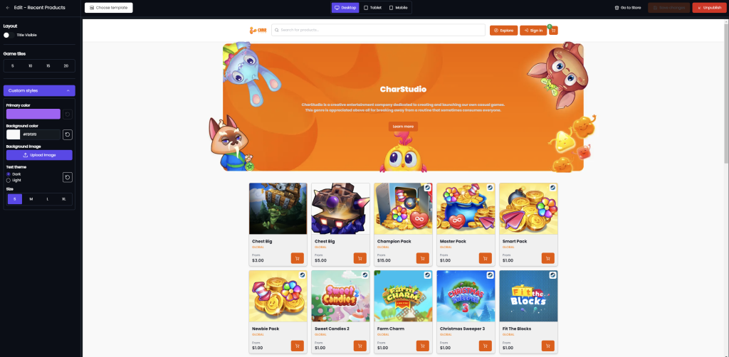 Fungies.io is the only platform with such advanced front-end Web Shop builder