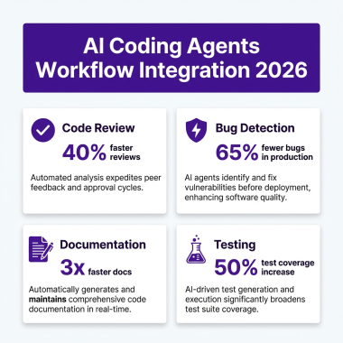 AI coding agents workflow integration 2026 showing code review 40 percent faster, bug detection 65 percent fewer bugs, documentation 3x faster, testing 50 percent coverage increase