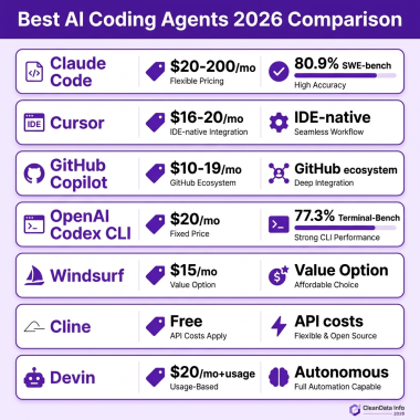 Best AI coding agents 2026 comparison showing Claude Code, Cursor, GitHub Copilot, OpenAI Codex CLI, Windsurf, Cline, and Devin with pricing and SWE-bench scores