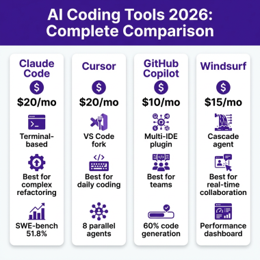 AI Coding Tools 2026 comparison infographic showing Claude Code, Cursor, GitHub Copilot, and Windsurf pricing and features