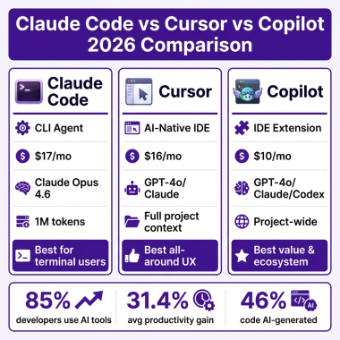 Claude Code vs Cursor vs Copilot 2026 comparison infographic with pricing and features
