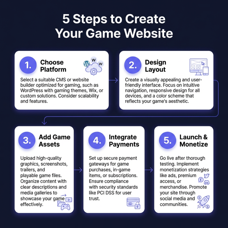 How To Create A Game Website Complete Guide 2026 Fungies Io Infographic Create A Game Website Steps 768x768 