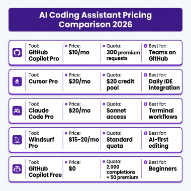 AI coding assistant pricing comparison 2026 - GitHub Copilot vs Cursor vs Claude Code vs Windsurf