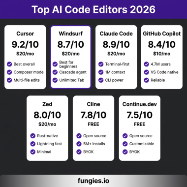 Top AI Code Editors 2026 comparison showing ratings and pricing for Cursor, Windsurf, Claude Code, GitHub Copilot, Zed, Cline, and Continue.dev