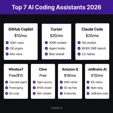 Comparison of top 7 AI coding assistants including GitHub Copilot, Cursor, Claude Code, Windsurf, Cline, Amazon Q, and JetBrains AI with pricing and key features