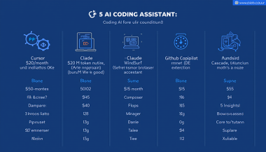 Comparison of 5 AI coding assistants: Cursor, Claude Code, GitHub Copilot, Windsurf, and Replit showing prices and key features