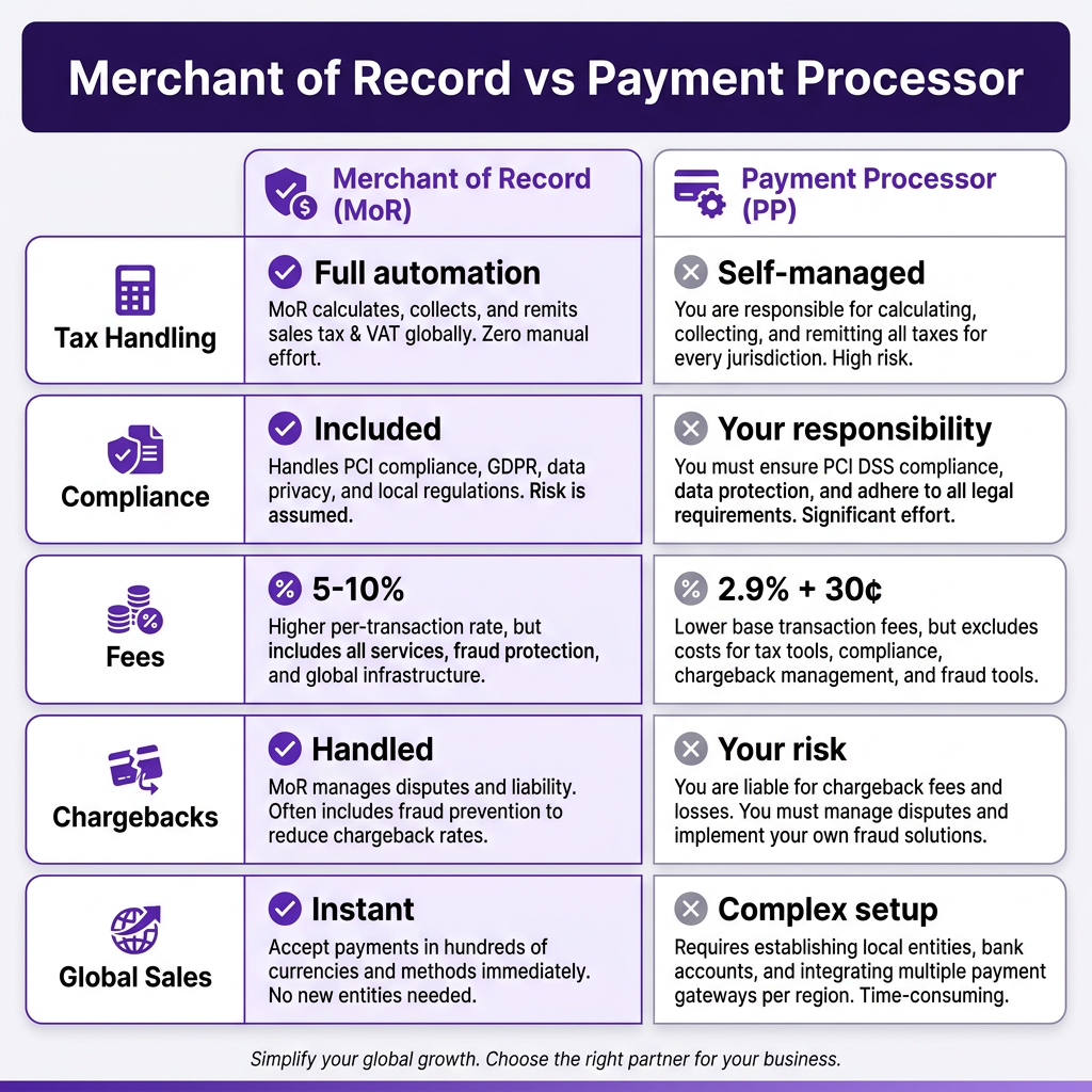 Merchant of Record vs Payment Processor: Which Is Right for Your Business in 2026?