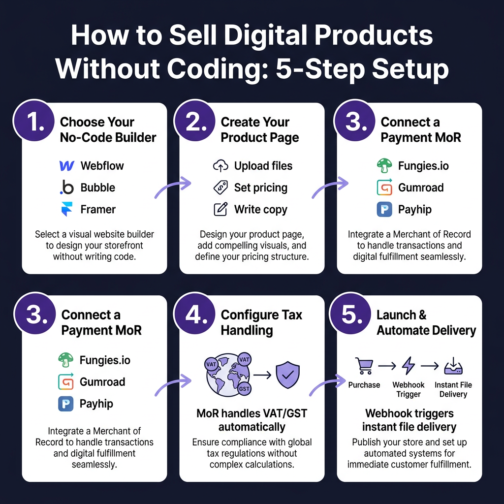 How to Sell Digital Products Without Coding in 2026 (No-Code + MoR Stack)