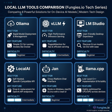 Comparison of 6 Local LLM Tools: Ollama, vLLM, LM Studio, LocalAI, Jan, and llama.cpp with features and difficulty levels