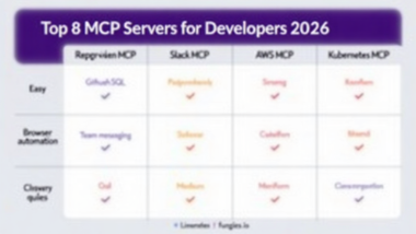 Top 8 MCP Servers for Developers 2026 comparison infographic showing GitHub, PostgreSQL, Slack, Playwright, AWS, Terraform, Kubernetes, and Linear MCP servers