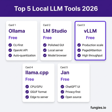 Top 5 Local LLM Tools 2026 comparison infographic showing Ollama, LM Studio, vLLM, llama.cpp, and Jan with key features and pricing